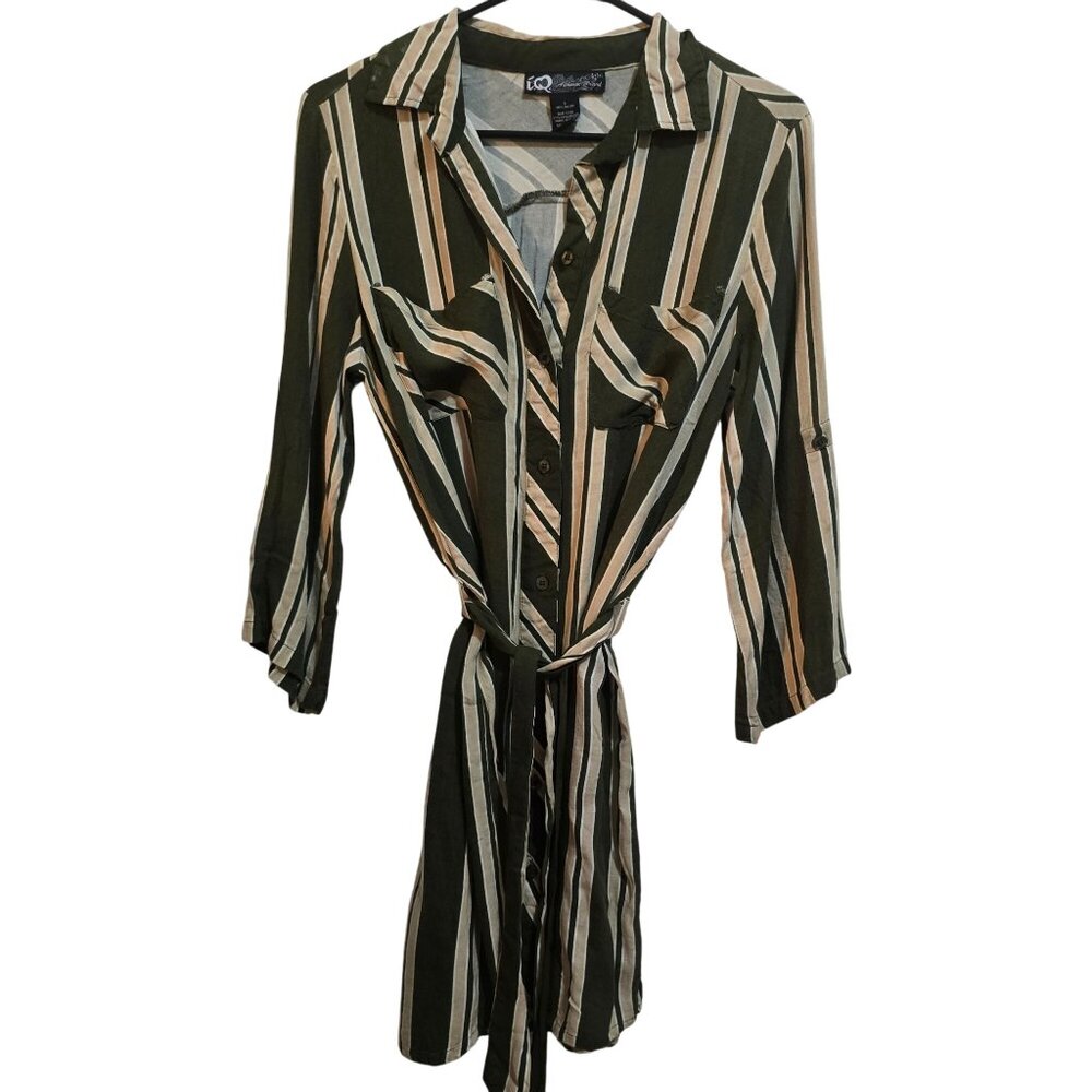 Striped Olive & Beige Long Sleeve Button-Up Shirt Dress Size S